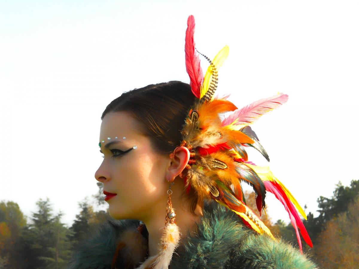 Spiritual.aura Meanings : Copper Wire - Red/yellow/grizzly Rooster Feathers Ear Cuff ** **