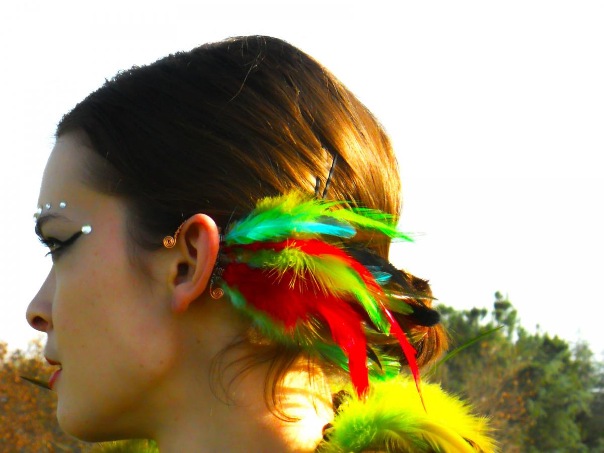 Spiritual.aura Meanings : Copper Wire - Red/yellow/blue/green Rooster Feathers Ear Cuff ** **