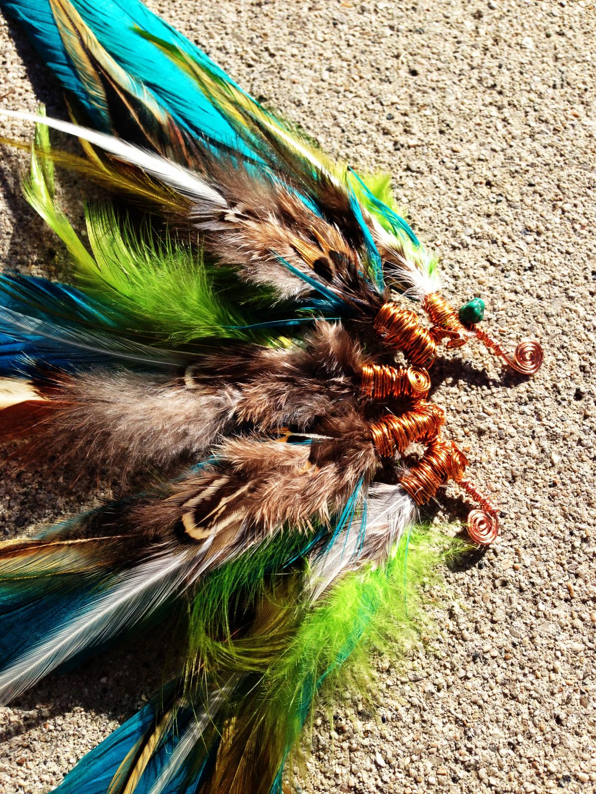 Spiritual Aura Feather Ear Cuff / Earcuff : Turquoise Gemstone - Copper Wire - Blue/green/yellow Feathers ** **