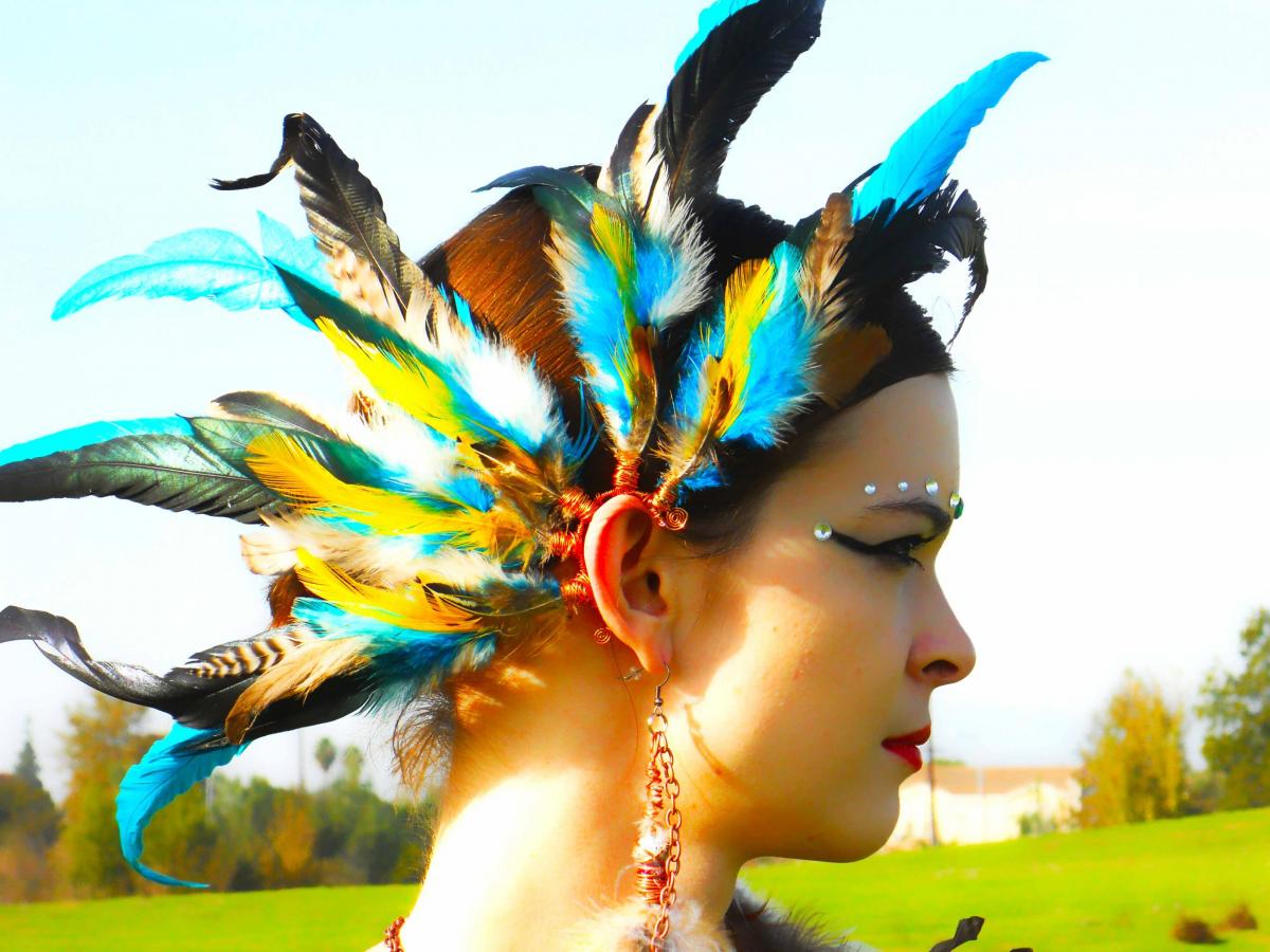 Spiritual Aura Feather Ear Cuff / Earcuff : Copper Wire - Yellow/turquoise/blue Feathers ** **