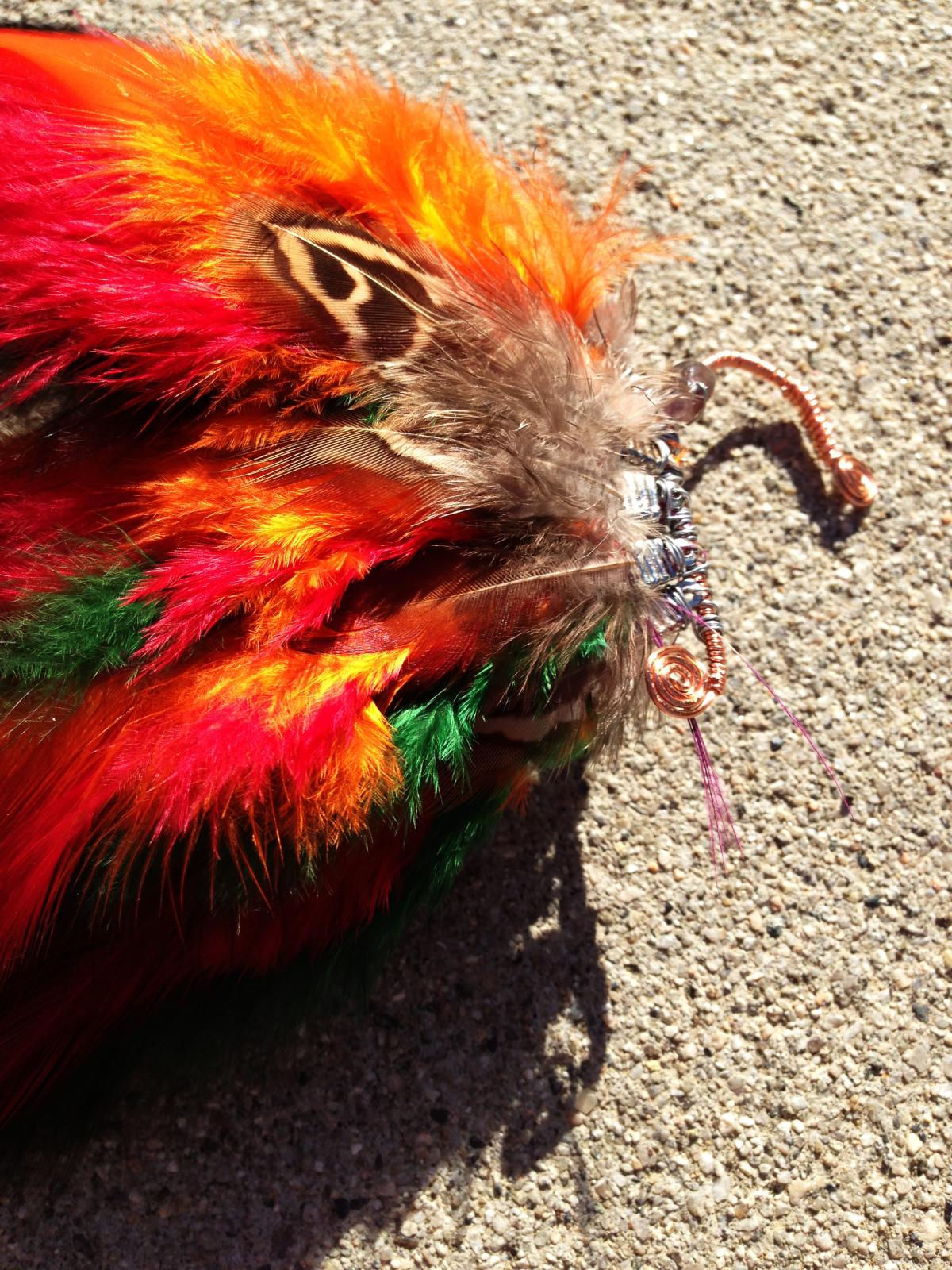 Spiritual Aura Feather Ear Cuff / Earcuff : Dark Quartz Crystal - Copper Wire - Red//violet/orange/green Feathers ** **
