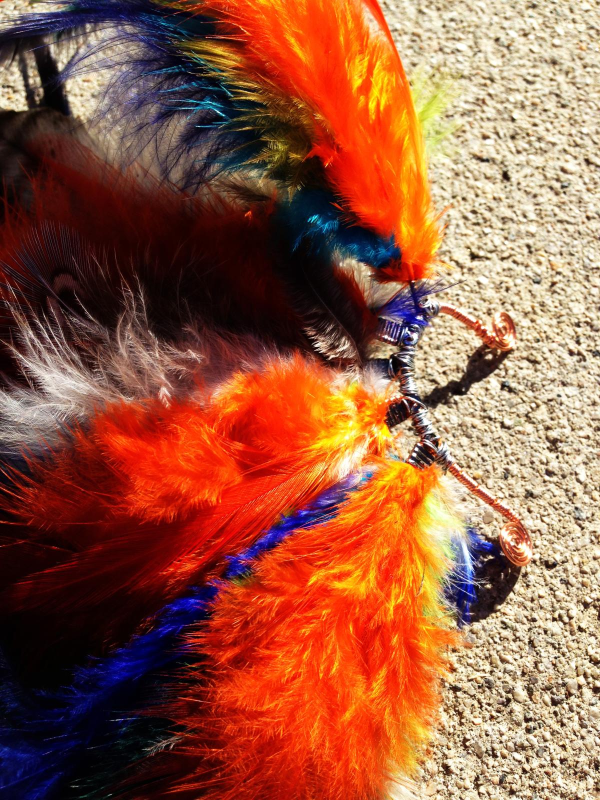 Spiritual Aura Feather Ear Cuff / Earcuff : Copper Wire - Red/violet/orange/green/turquoise Feathers ** **