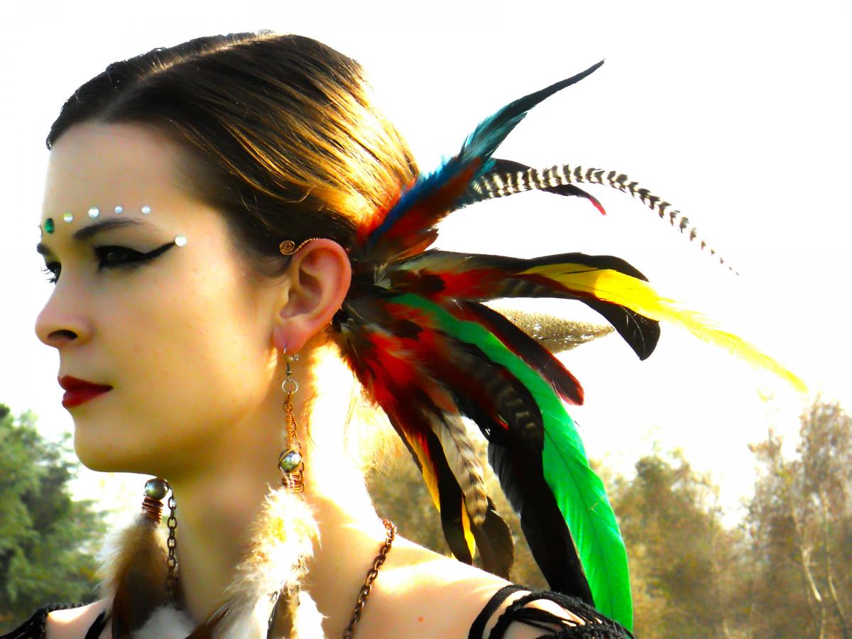 Spiritual Aura Feather Ear Cuff / Earcuff : Copper Wire - Orange/turquoise/green/yellow/red/grizzly/excotic Feathers ** **