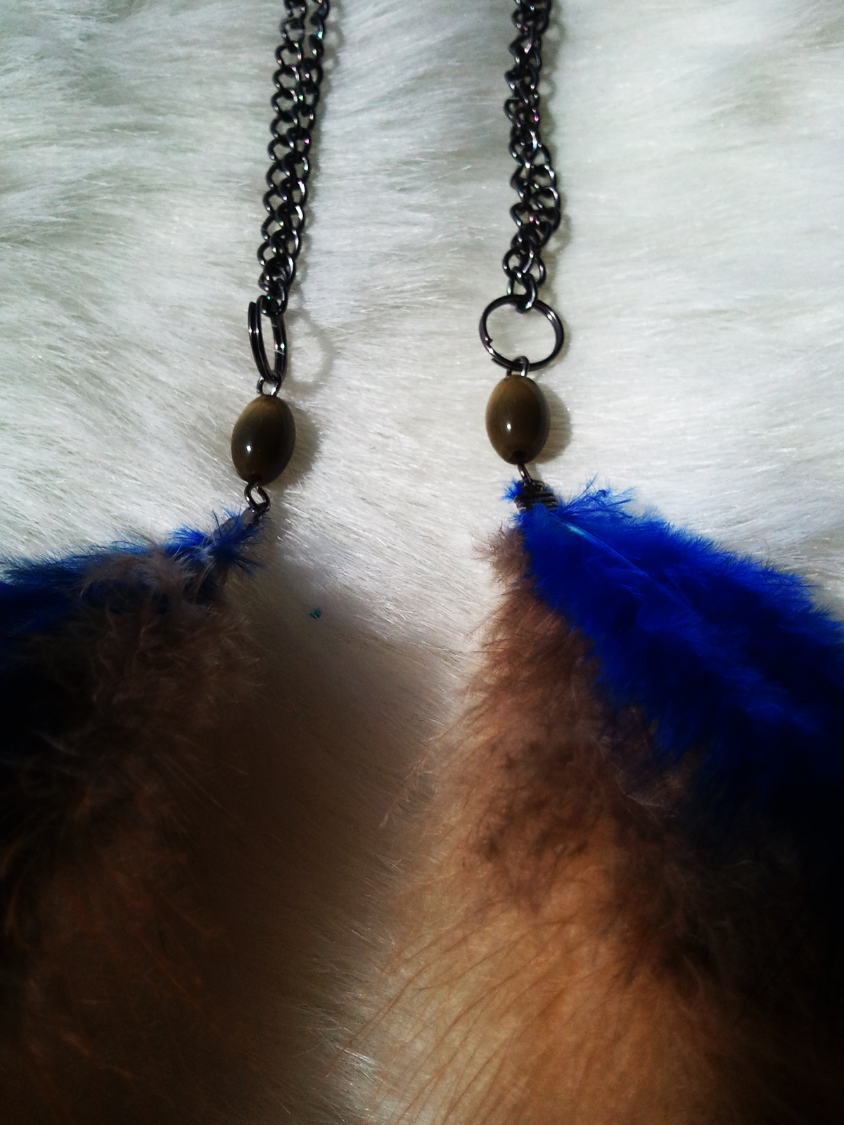 Spiritual Aura Feather Earrings : Stone Bead - Metal Chain - Blue/green Feathers