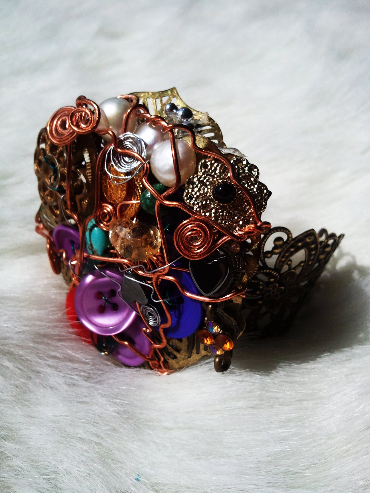Vintage Jewelries - Buttons - Crystals - Copper Wire Wrapped Handmade Bracelet/wristcuff **